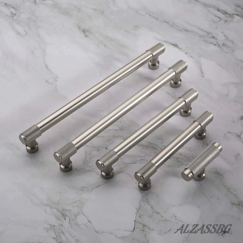 Brushed Satin Nickel Cabinet Pulls Knurled Handles Set Of 10 For Cabinets And Drawers Three And Three Quarters Inch Hole Centers
