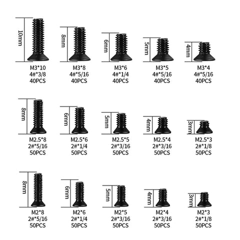 Over 700 Pcs Flat Head Machine Screws Assortment Kit With Phillips Countersunk Bolts In Sizes Two And Four For HDD SSD Hard Drives PC Case Fans And Motherboard Black Alloy Steel Durable Build Kit For PC Builders And Enthusiasts, showing various screw sizes and quantities.