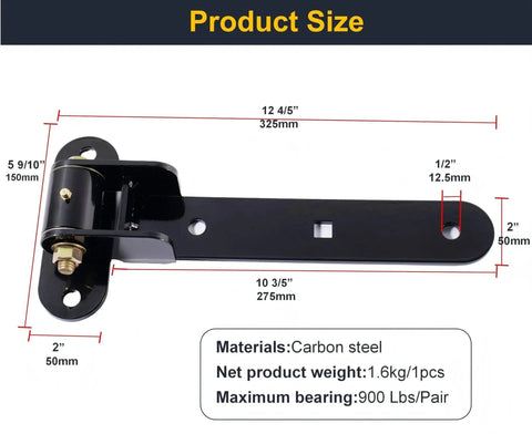 Heavy Duty T-Strap Gate Hinges 2 Pack, 900 Lb Load Capacity, 13 Inch Length, Thickened Solid Carbon Steel, 180 Degree One-Way Open