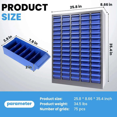 Heavy Duty 75 Drawer Parts Cabinet With 26 By 9 By 36 Inch Steel Frame And ABS Drawers Multi Purpose Nut And Bolt Organizer