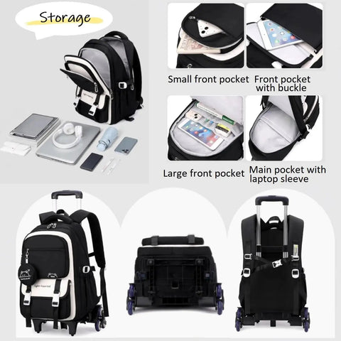 Kids Rolling Backpack With Wheels For School displaying multiple pockets, telescopic handle, and durable water-resistant nylon material.