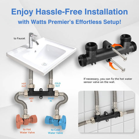 Watts Premier sensor valve kit for instant hot water recirculation, with two braided supply lines and mounting screws.