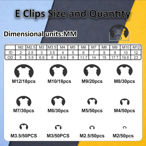 E clips size chart from 850 Piece C Clip And E Clip Retaining Ring Kit With 24 Sizes From M2 To M16 Carbon Steel Heavy Duty Snap Ring Pliers