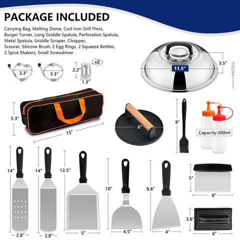 All In One Griddle Accessories Kit For Outdoor BBQ Cooking With Smash Burger Press And Stainless Steel Spatulas For Blackstone Joyfair Flattop Griddle 18 Piece Set With Carrying Bag Basting Cover And More including spatulas, egg rings, and accessories.