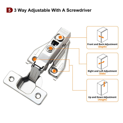 Full Overlay Face Frame Soft Close Concealed Cabinet Hinges Clip On 105 Degree 3 Way Adjustable 50 Pack For Kitchen Cabinet Doors Silver Finish Easy Install Durable Kitchen Hardware Upgrade, shown with adjustment diagrams.