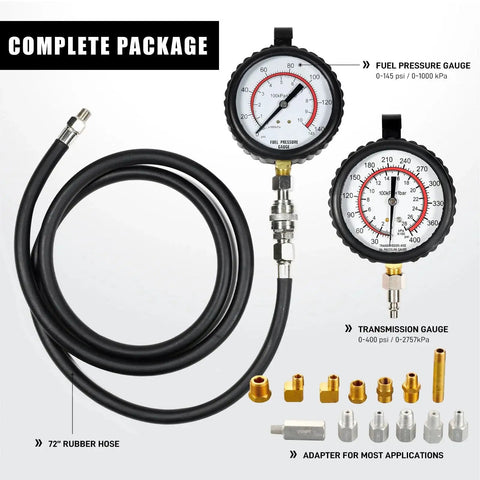 Engine And Transmission Oil Pressure Gauge Kit With Dual Range 0 To 400 Psi And 0 To 100 Psi, 72 Inch Hose, 13 Adapters, Durable Case