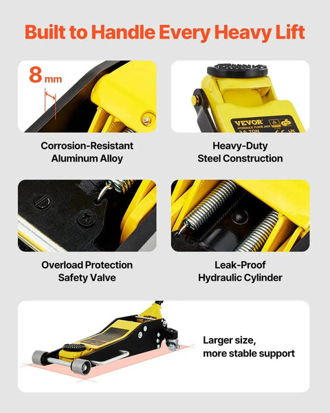 Features of Low Profile 3 Ton Racing Floor Jack With Dual Pistons Aluminum Steel Quick Lift, including corrosion-resistant alloy.