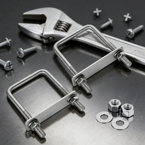 Eight Pack Square U Bolts With Washers And Nuts Two And A Half Inch Inner Width Hundred Millimeter Length 304 Stainless Steel Replacement Parts for Cars Trailers Ski Boats And Sailboats displayed with wrench and screws