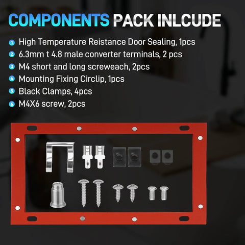 Water heater pilot assembly components pack; red mounting frame with assorted screws, brackets, clamps and terminals