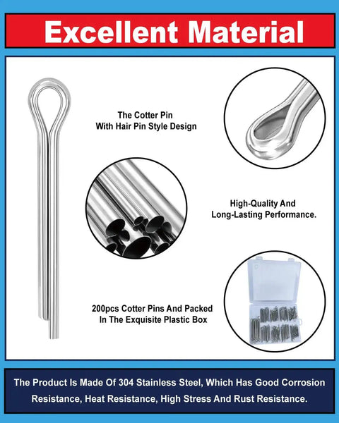 290 Pcs Cotter Pins In 24 Sizes, 304 Stainless Steel Heavy Duty All In One Must-Have Assortment Kit For Automotive shown