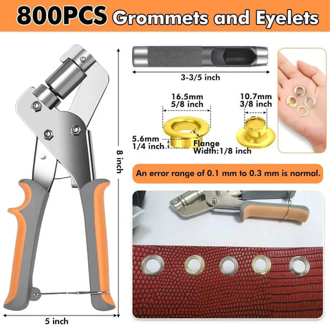 3/8 Inch Grommet Tool Kit With 800 Eyelets And Grommets showing pliers, punch tool, and eyelet sizes
