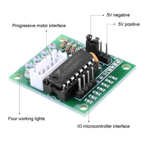ULN2003 stepper motor driver board for 28BYJ-48 5V geared motor; four LEDs, IN1–IN4 pins, Arduino IDE compatible.