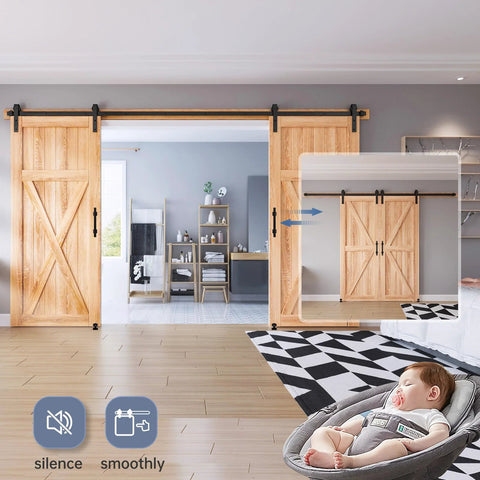 12 Ft Double Sliding Barn Door Track Kit With Ball Bearing Rollers installed in modern home interior, showing quiet smooth glide hardware