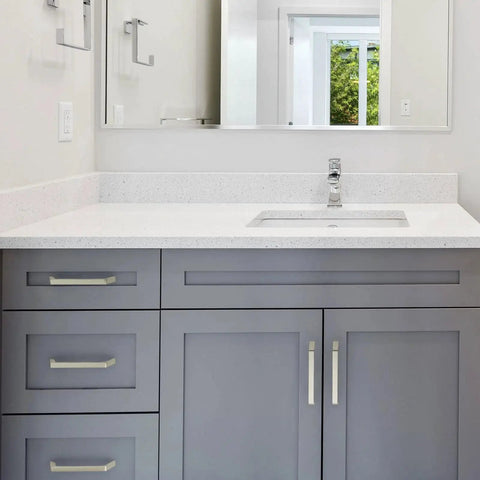 10 Pack 5 Inch Hole Centers Brushed Nickel Cabinet Pulls Zinc Alloy Hardware Durable Rust Resistant With Screws Included on gray vanity