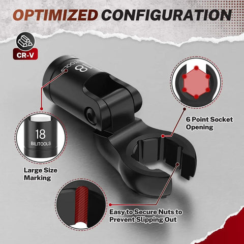 Six Piece Crow Foot Flare Nut Line Wrench Set with 18mm socket head, chrome vanadium steel, showing optimized configuration details.