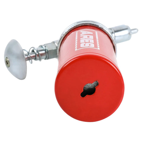 ARES 3-Ounce push-type mini grease gun with red body, needle nozzle for small fittings, one-handed operation, 3000 PSI.