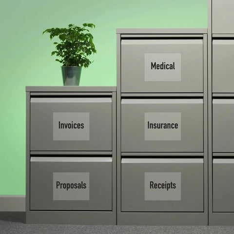 File cabinets labeled Invoices, Proposals, Medical, Insurance, and Receipts, with a plant on top in an office setting.