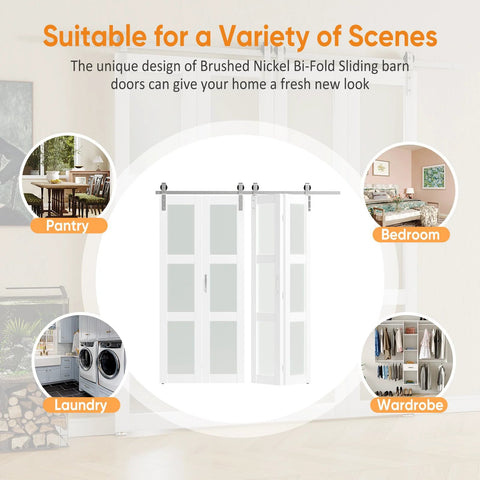Frosted Glass Bifold Closet Doors Kit 60 Inch By 84 Inch Three Lite Panels With Brushed Nickel Sliding Hardware Pre Drilled Bifold Barn Door Slab Includes Two 2.83 Foot Tracks For Four Door Install Space Saving Modern Home Upgrade