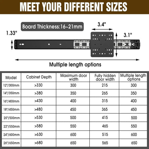 Diagram showing dimensions for Ultra Quiet Pocket Door Slide Hardware Set 14 Inch Recessed Pocket Door Slides for kitchen cabinets.