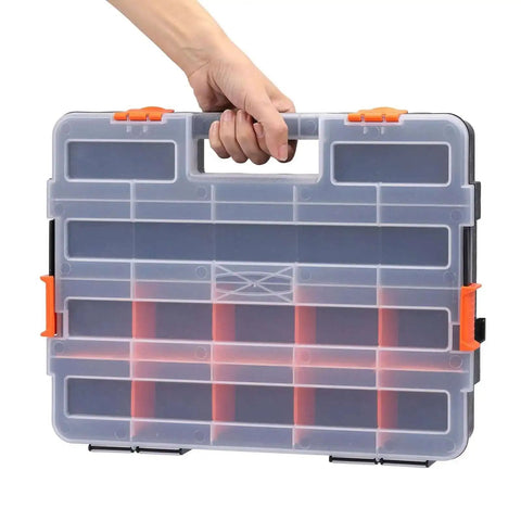Person holding Two Piece 15 Inch Toolbox Organizer Set With 34 Compartments And 20 Removable Dividers, Durable Plastic Case In Black And Orange For Screws Nuts And Small Parts, Ideal For Garage, Workshop, DIY Projects
