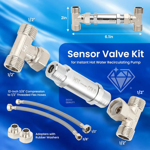 Frutlait 304 stainless sensor valve kit with 2 hoses and bypass valve for hot/cold recirculating systems