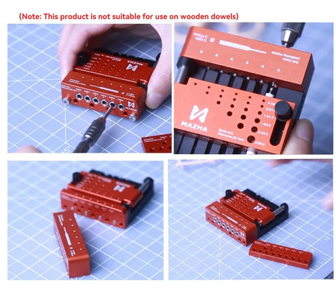 Pro Grade Round Rod Center Locator And Drill Shank Positioning Module Drill Guide Jig with ultra-light aluminum body shown in use