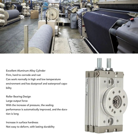 Pneumatic rotary actuator, aluminum body with mounting ports, on industrial textile machinery (MSQB-10A).