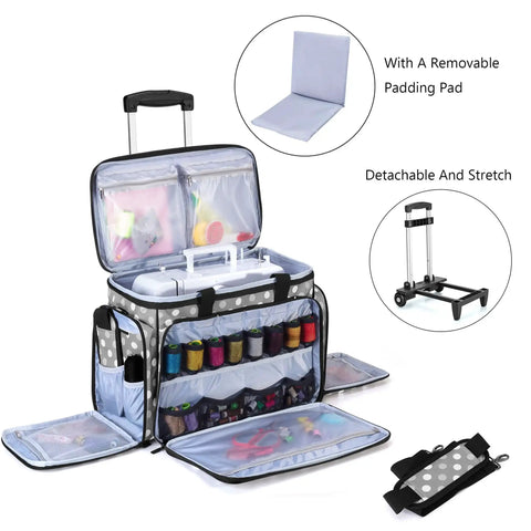 Detachable Dolly Sewing Machine Case With Rolling Tote And Removable Bottom Pad for Standard Sewing Machines, open pockets view