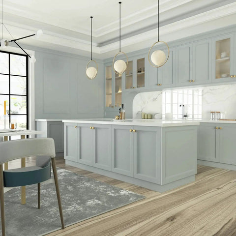 Modern kitchen with Six Pack Gold Dresser Knobs For Drawers And Cabinets Hardware Pulls In Brushed Brass Vintage Luxury Finish.