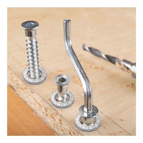 Close-up of M8 wedge lock washers (manganese steel) with screws on a wooden surface