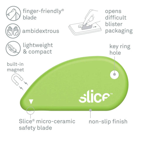 Ceramic Micro Safety Cutter Keychain Box Opener 2 Pack Green showing blade features, key ring hole, and non-slip finish.