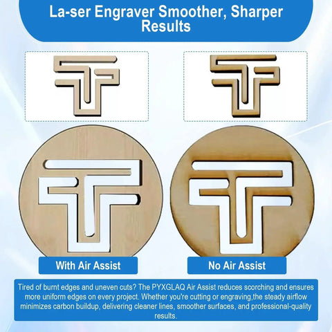 Comparison of cuts on wood with and without Air Assist System For Laser Cutter And Engraver, 30 LPM Airflow.