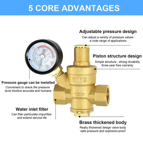Half Inch Water Pressure Regulator Valve With Gauge For Home Plumbing showing brass construction and features.