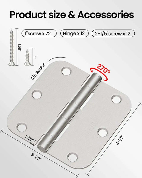 12 Pack Brushed Nickel Door Hinges 3.5 Inch Rounded With 5/8 Radius showcasing size and accessories, including screws and dimensions.