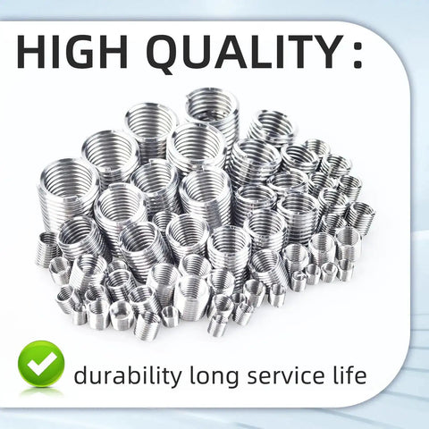 Heavy Duty Wire Thread Inserts Helicoil Kit In 304 Stainless Steel For Helical Repair Of Damaged Threads Includes Coiled Inner Thread Inserts And Size Range M3 M4 M5 M6 M8 M10 M12 Assortment displayed in assortment on white background