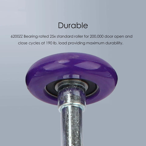 Close-up of Quiet Nylon Garage Door Rollers With 4 Inch Stem, Durable 6200ZZ Bearing, Purple Pack Of 10 For Up To 7 Foot Doors