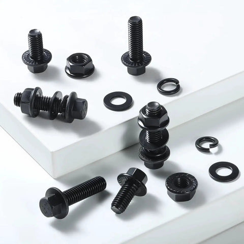 All-In-One Metric Flange Bolt Kit With 360 Pieces M6 Bolts And Serrated Nuts Plus Washers And Lock Washers shown on white surface