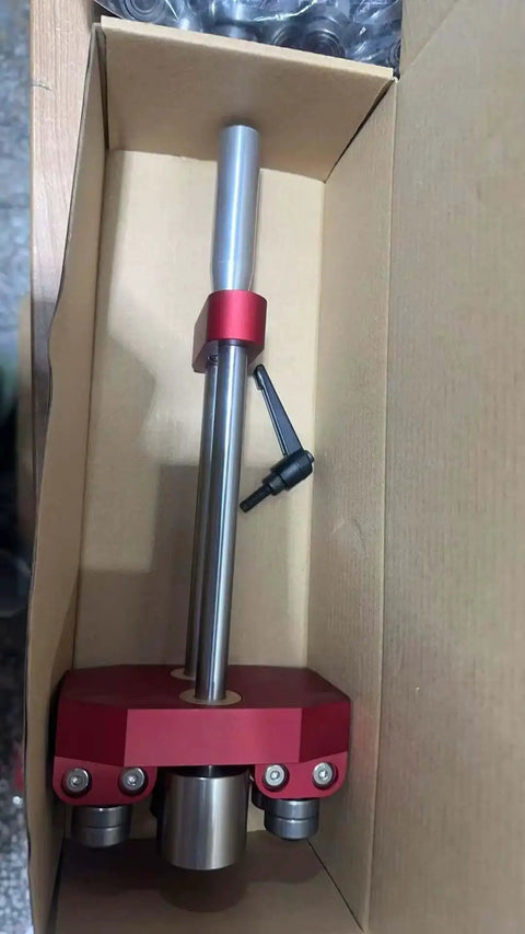 Pro Sheet Metal Roller Bender Tool With Red Aluminum Frame For Real World Use, boxed top view showing handle and rollers.