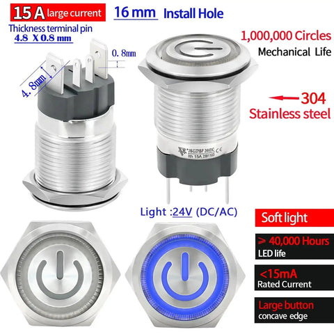 IP67 Waterproof Latching Push Button Switch 15A 12-24V DC With LED Angel Eye Light 16mm Hole SPST 1NO Stainless Steel 304