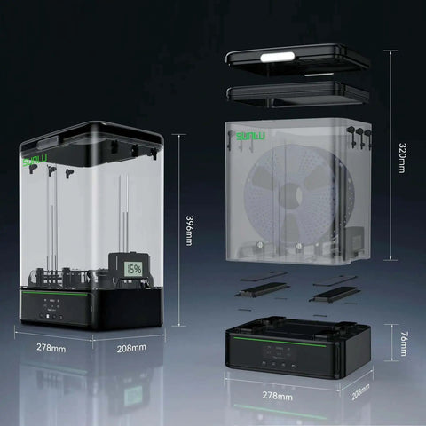 3Kg Filament Dryer SP2 with storage box for 1.75mm and 2.85mm filaments, transparent view showing spool space, 396mm height