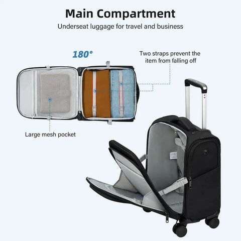 Open view of Underseat 16 Inch Carry On Luggage With Wheels Softside Personal Item Bag For Travel HanTrip showing main compartment