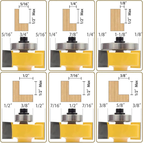 1/2 Inch Shank Rabbet Router Bit Set With Six Adjustable Bearings Pro Grade Carbide Tipped Rabbeting Bits