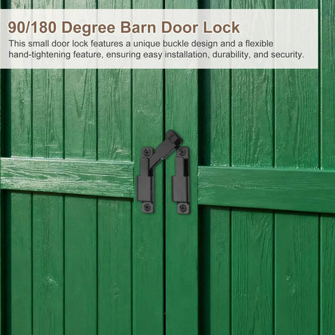 Durable 90 180 Degree Barn Door Lock Latch Kit With Screws And Glue installed on green wooden doors for secure privacy.