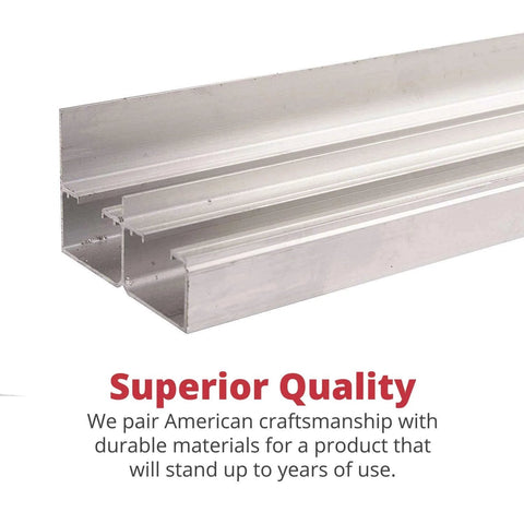 Sliding Bypass Door Hardware Kit 118F For 72 Inch Two Door System With Heavy Duty Commercial Grade Aluminum Track And Standard Wheel Hanger Supports Up To 80 Lbs Per Door Fits One And One Eighth Inch Thick Doors Ready For Easy Bypass Installation, close-up view of aluminum track.