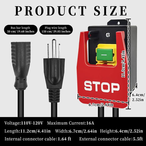 Diagram showcasing the Emergency Stop Safety Switch With Large Red Stop Paddle For Hands Free Operation, with plug and cord details.