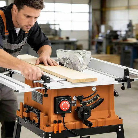 Man using table saw with Emergency Stop Switch With 10ft Heavy Duty Cord And Big Red Button, 440V 16A, in a workshop.