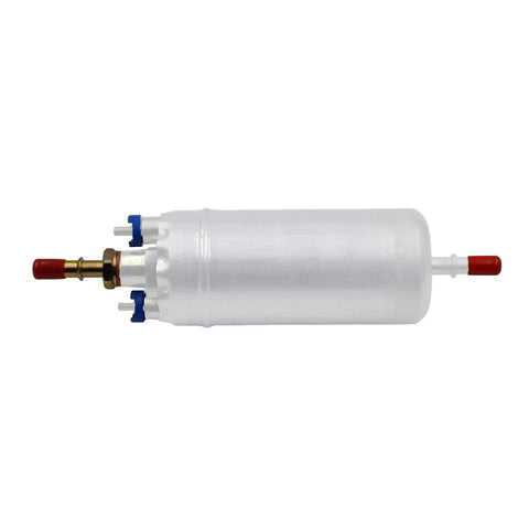 Electric Fuel Pump Inline In Tank Replacement For 1983 1996 Ford F Series F150 F250 F350 Mustang Ranger LTD Thunderbird Mercury Marquis Lincoln Continental Externally Mounted High Flow Fuel Pump For Reliable Fuel Delivery And Performance, front view showing connections and cylindrical shape.