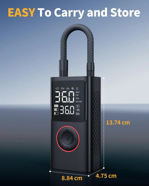 Portable Tire Inflator 150 PSI Cordless Air Compressor With Pressure Gauge And LED Light Mini Pump for car, showing clear digital display and compact design.