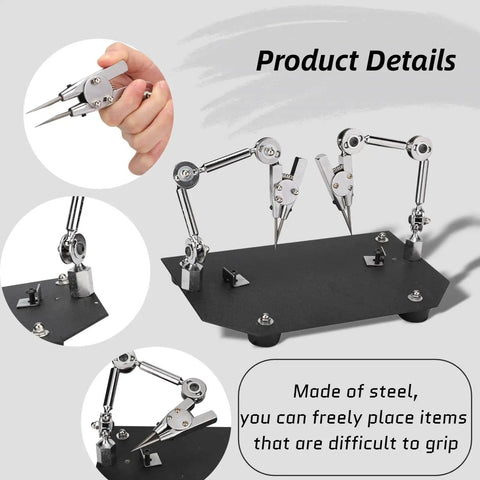 Adjustable Welding Clamp Clip Set Third Hand Tool with steel base and rubber feet for soldering and jewelry making, multiple views.