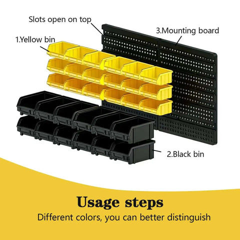 Wall Mounted Storage Bins 30 Compartment Tool Organizer Rack For Tools Hardware Crafts Office Supplies And More Black And Yellow Grab And Go Easy Access Plastic Containers, image shows yellow and black bins on a mounting board.